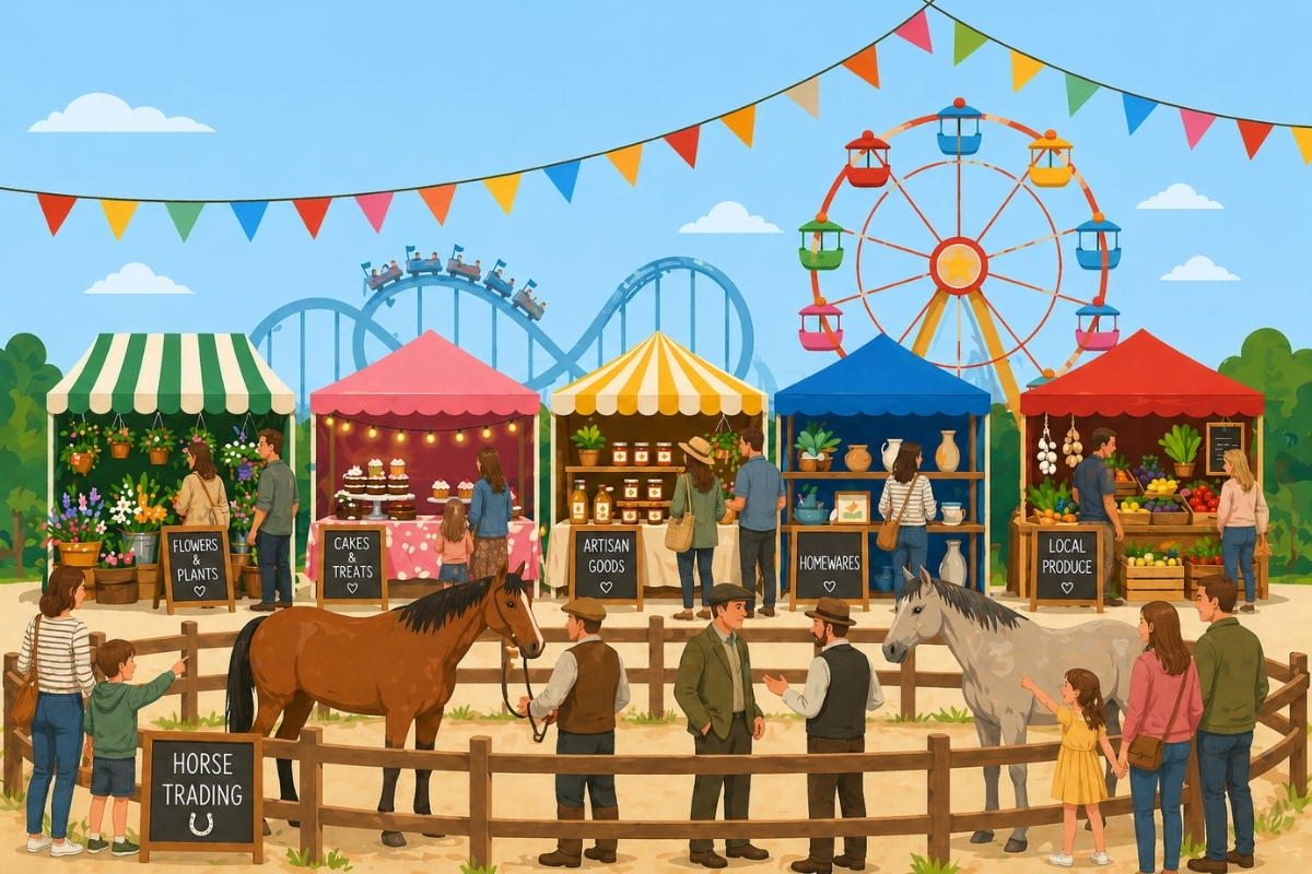 Illustrated scene of the Ballyclare May Fair, with stalls, bunting and a Ferris wheel